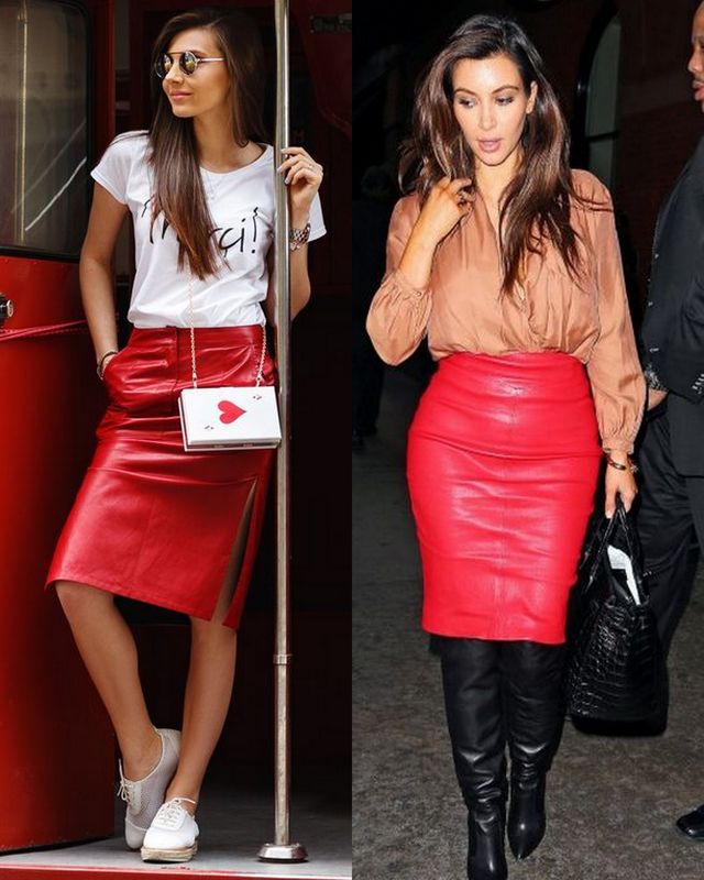 Red leather skirt outfits